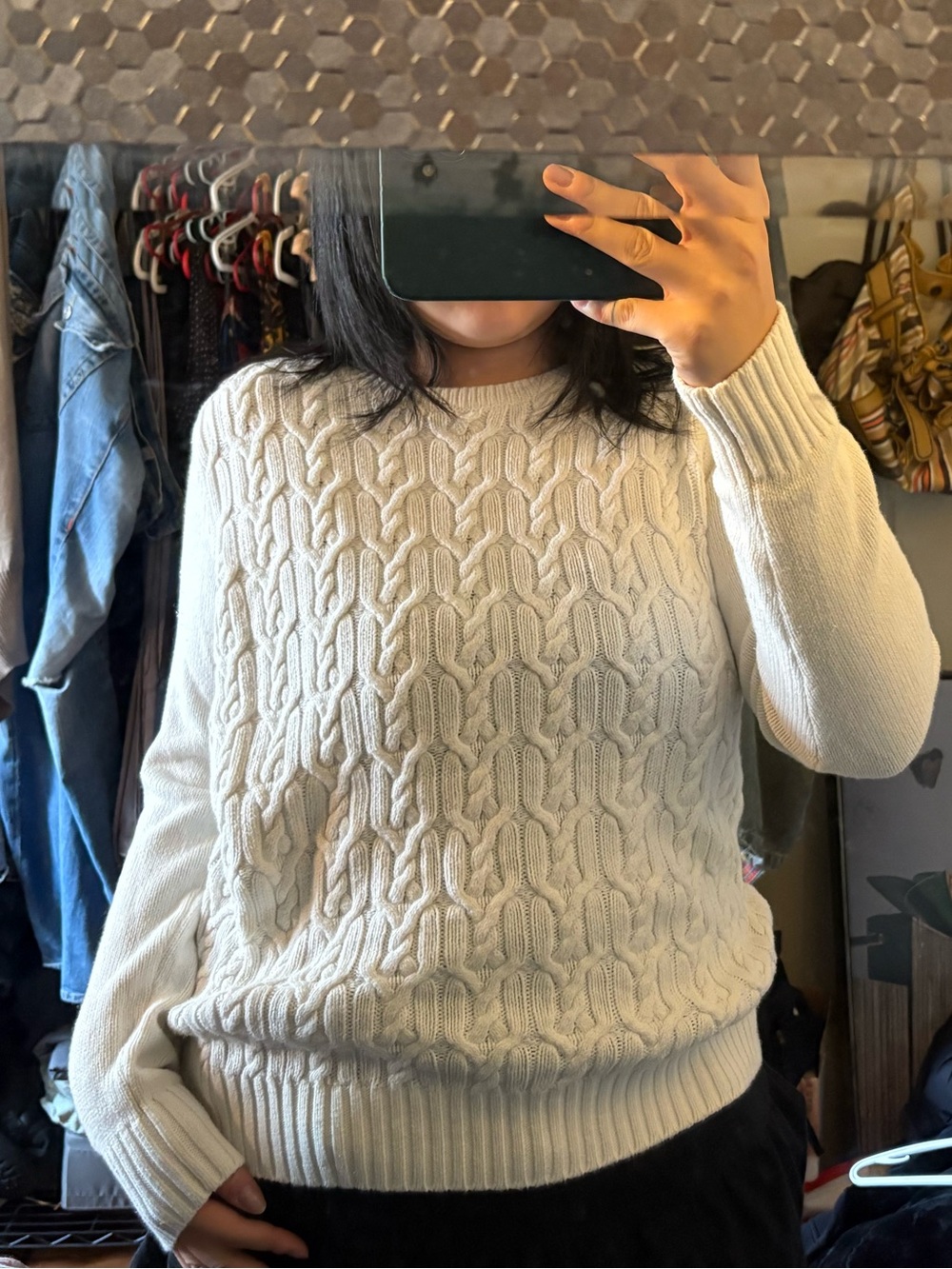Tommy Hilfiger Cream Cable-Knit Crewneck Sweater in Size XL